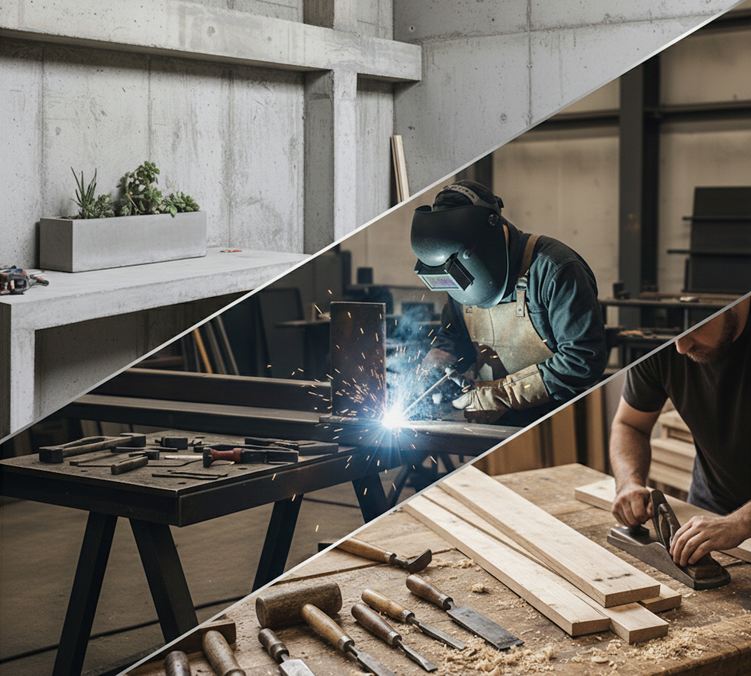 Concrete, steel and wood work hero banner.